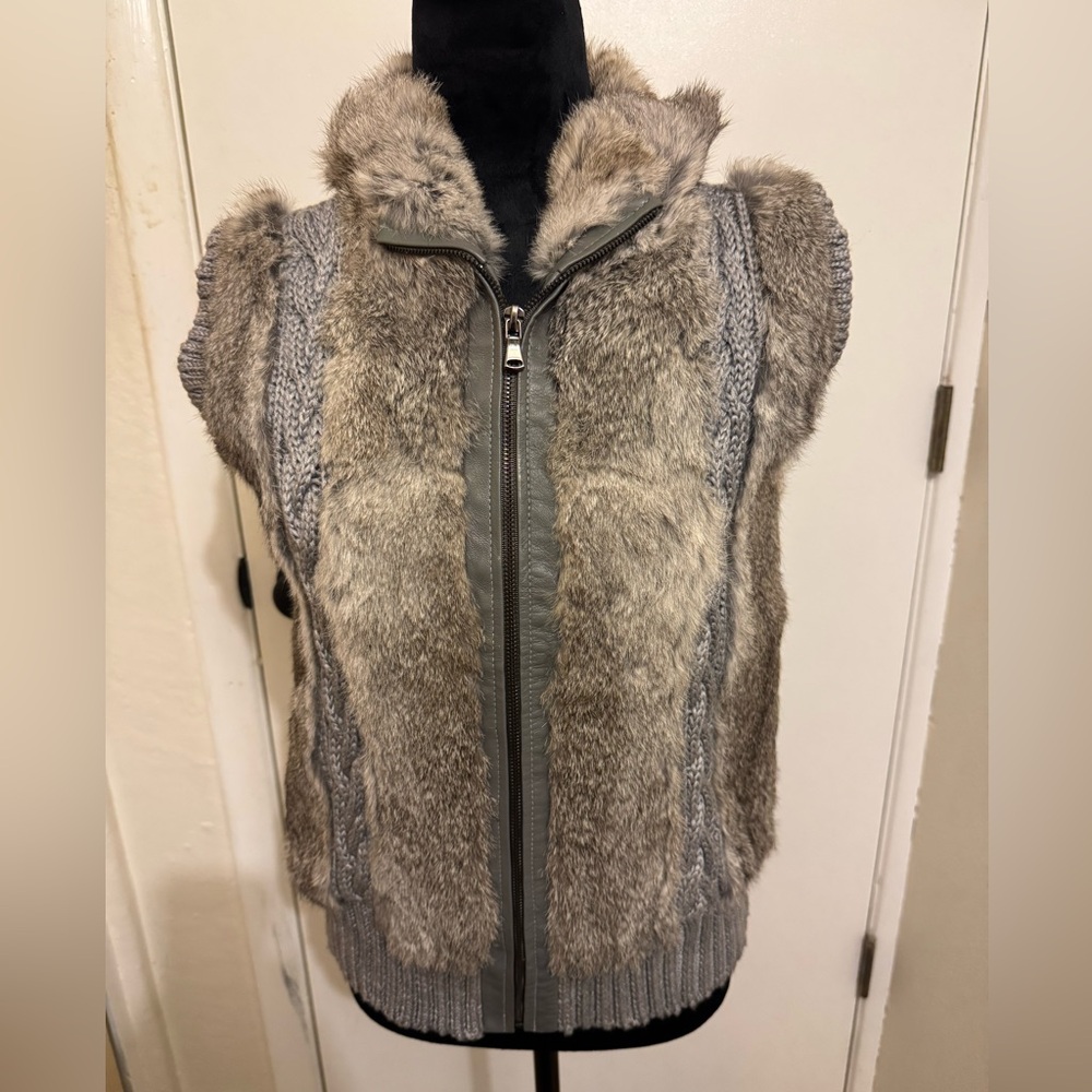 Dana Stein Gray Knit Sweater Vest with Fur Collar and Front